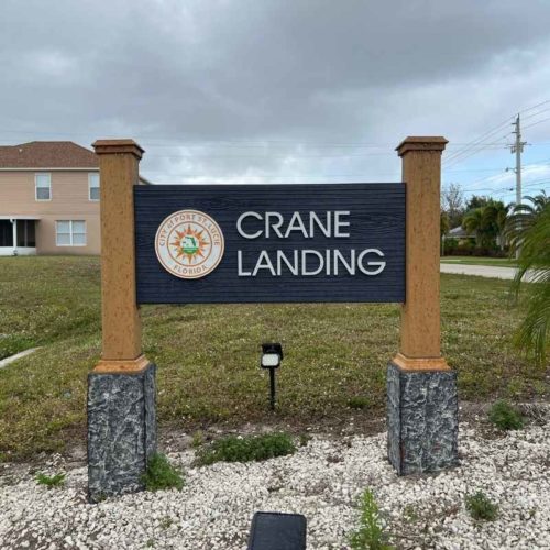 View of the Crane Landing Neighborhood sign in Port St Lucie Florida