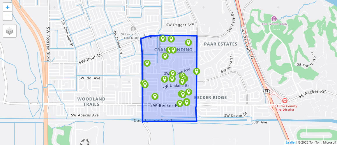Map View Of Homes For Sale in Crane Landing Neighborhood